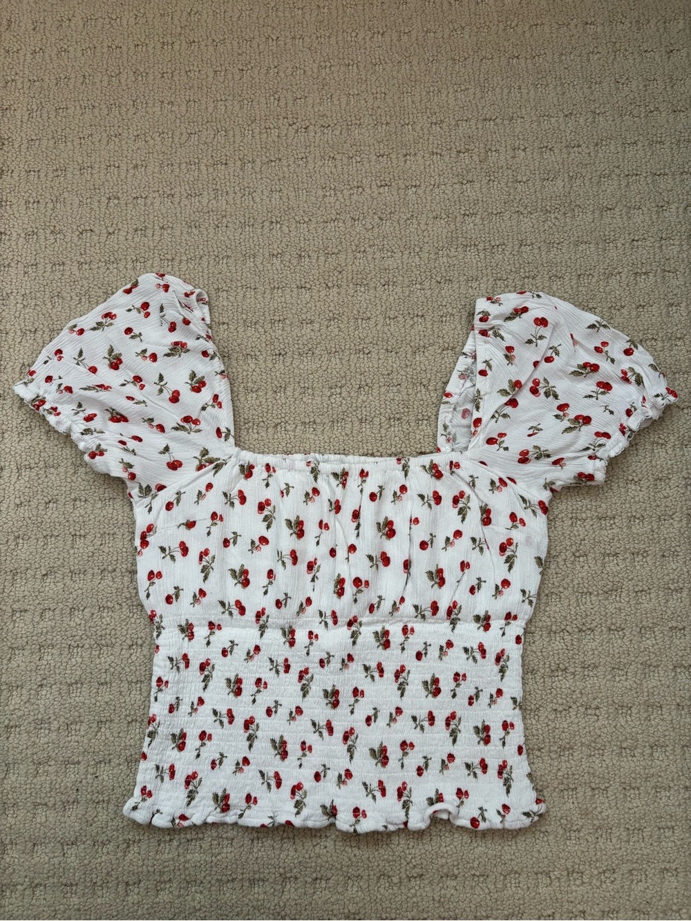 Abercrombie & Fitch White Smocked Top with Red Cherry Print